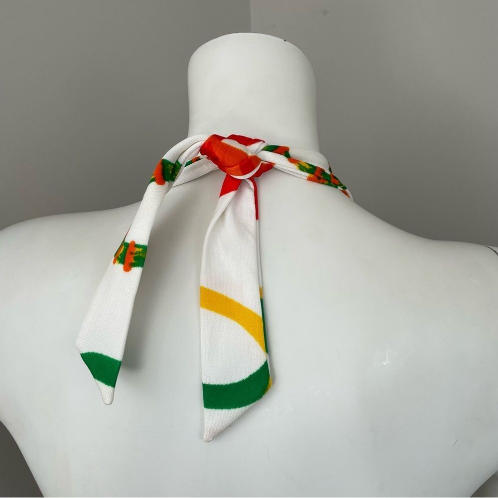 VINTAGE 1960s 70s Knot Tie Front Halter Neck White Ring Print Maxi Dress - Picture 5 of 12